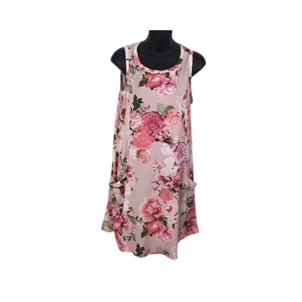 Peach Love‎ Floral Print Sleeveless Dress with Pockets Pink Roses Casual Size M